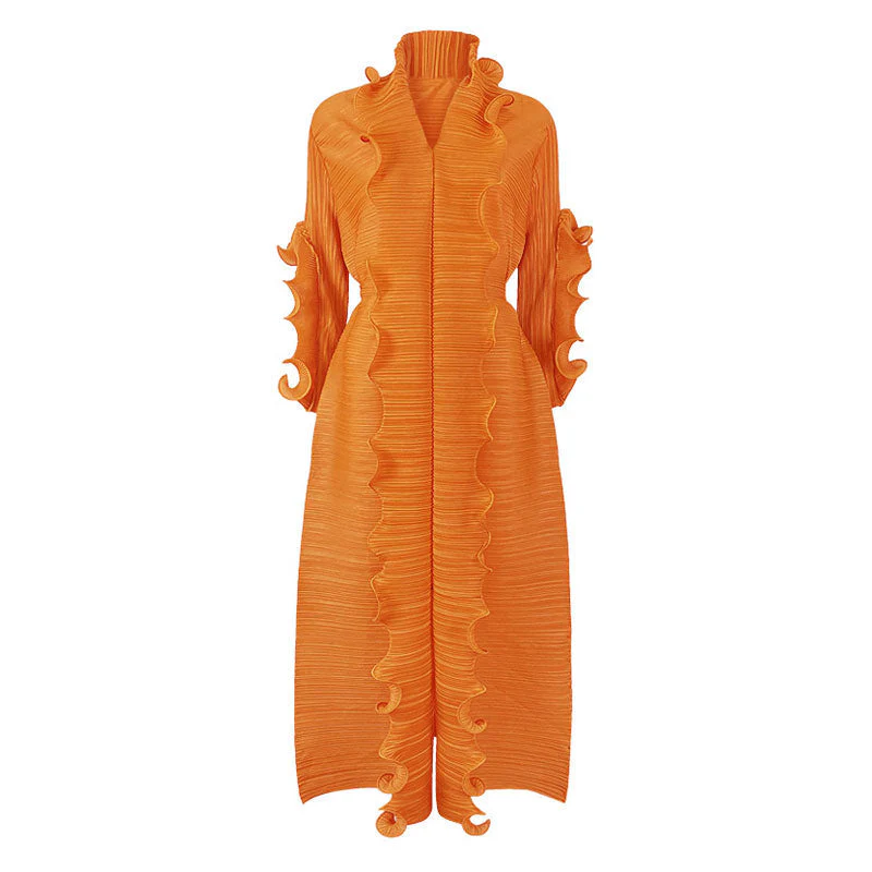 Unique Ruffled Long Sleeve V Neck Front Slit Belted Pleated Maxi Dress - Image 6