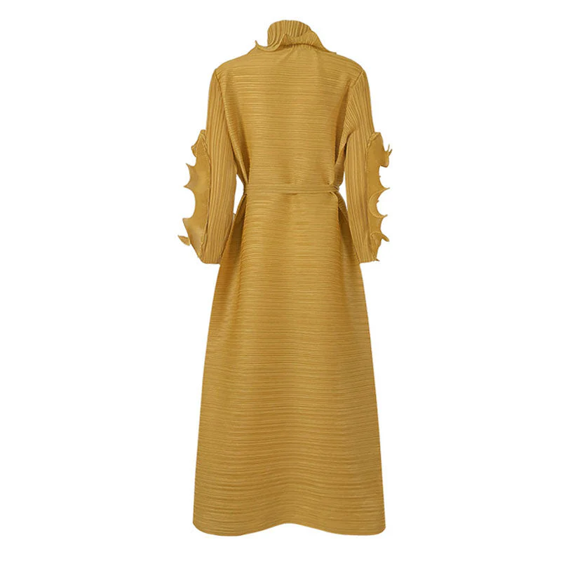 Unique Ruffled Long Sleeve V Neck Front Slit Belted Pleated Maxi Dress - Image 7