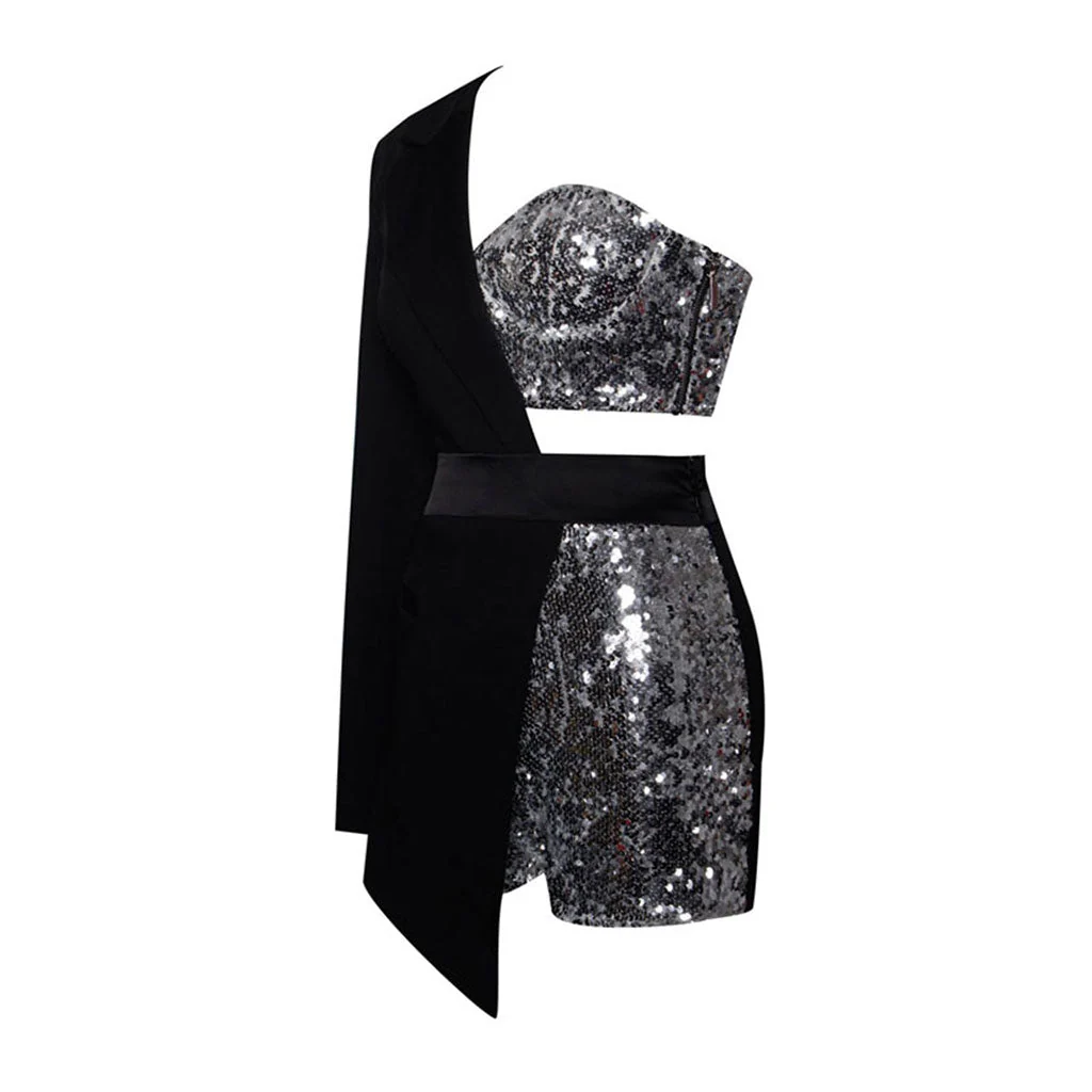 Unique Sequin Embellished Deconstructed Hybrid One Shoulder Blazer Romper - Image 2