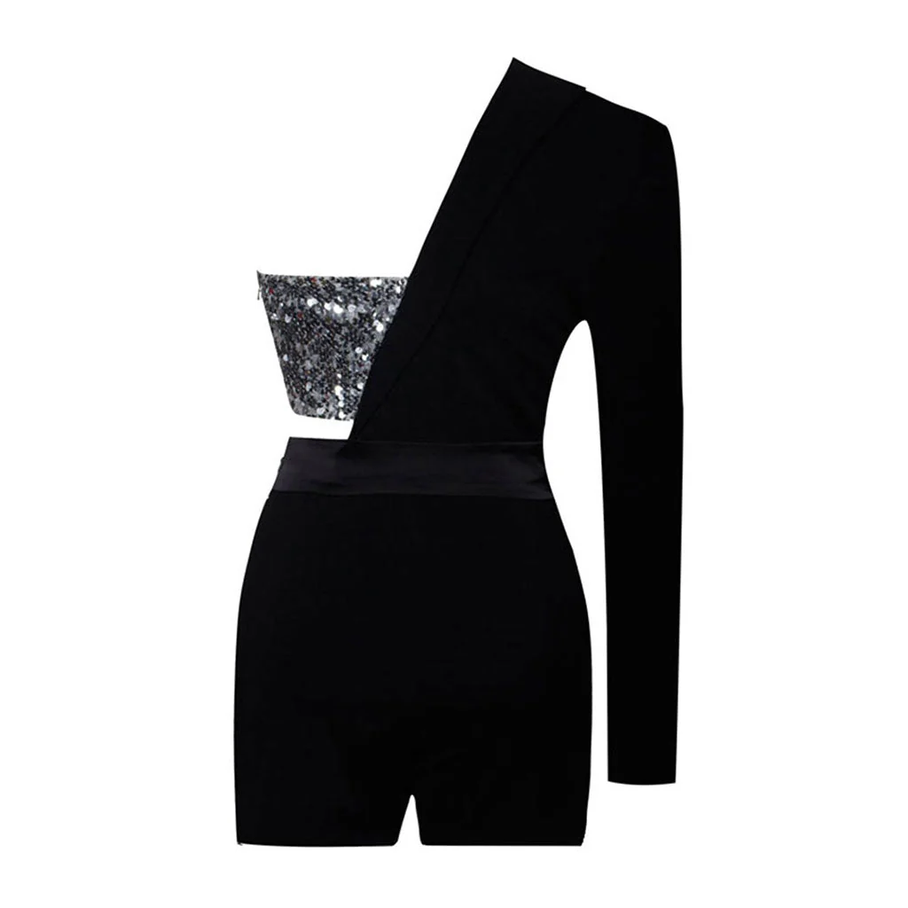 Unique Sequin Embellished Deconstructed Hybrid One Shoulder Blazer Romper - Image 3