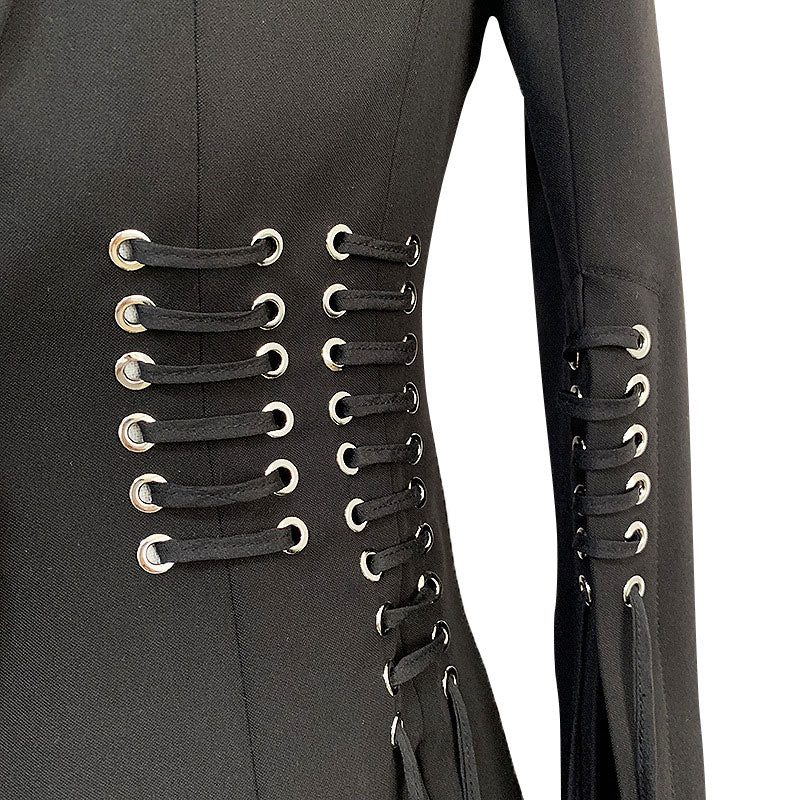 Unique Silver Eyelet Lace Up Slit Sleeve Lapel Collar Single Breasted Blazer - Image 3
