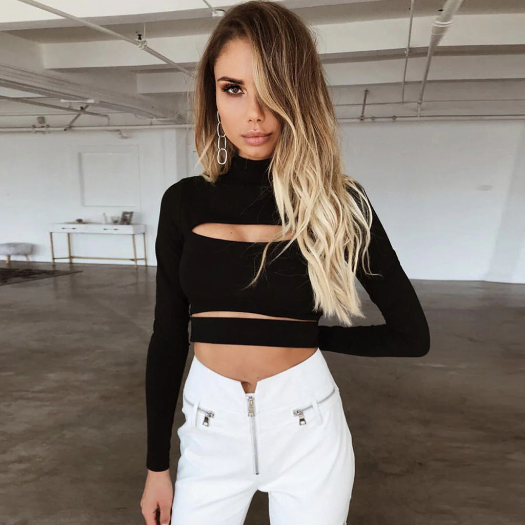 Unique Solid Turtleneck Cut Out Long Sleeve Crop T-Shirt - Black - Image 2
