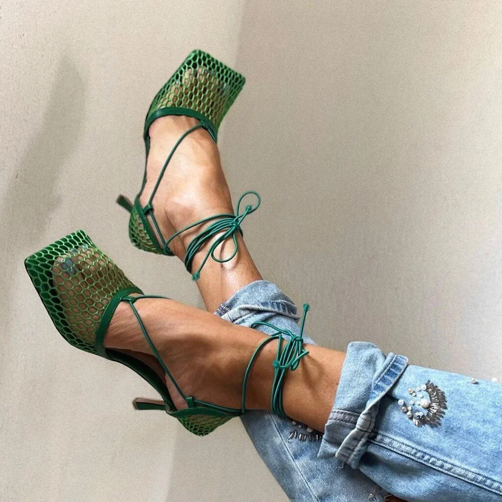 Unique Square Toe Mesh Net High Heel Pumps - Emerald Green - Image 2