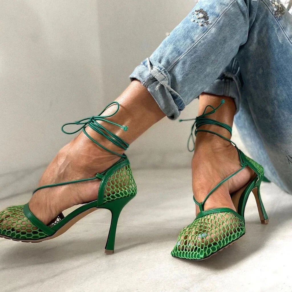 Unique Square Toe Mesh Net High Heel Pumps - Emerald Green - Image 3