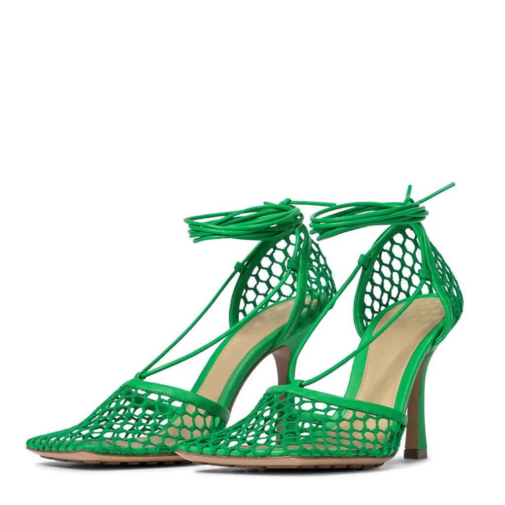 Unique Square Toe Mesh Net High Heel Pumps - Emerald Green - Image 4