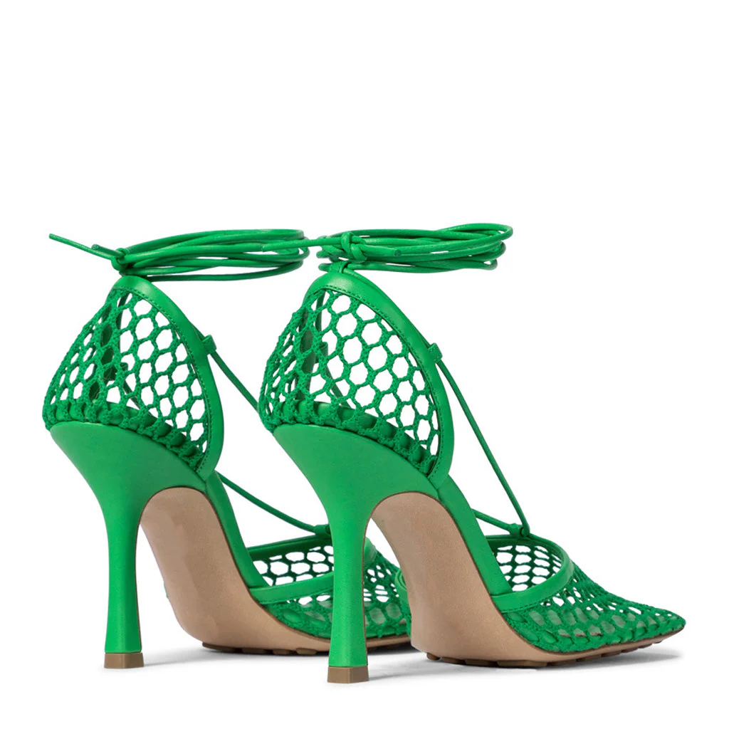 Unique Square Toe Mesh Net High Heel Pumps - Emerald Green - Image 5