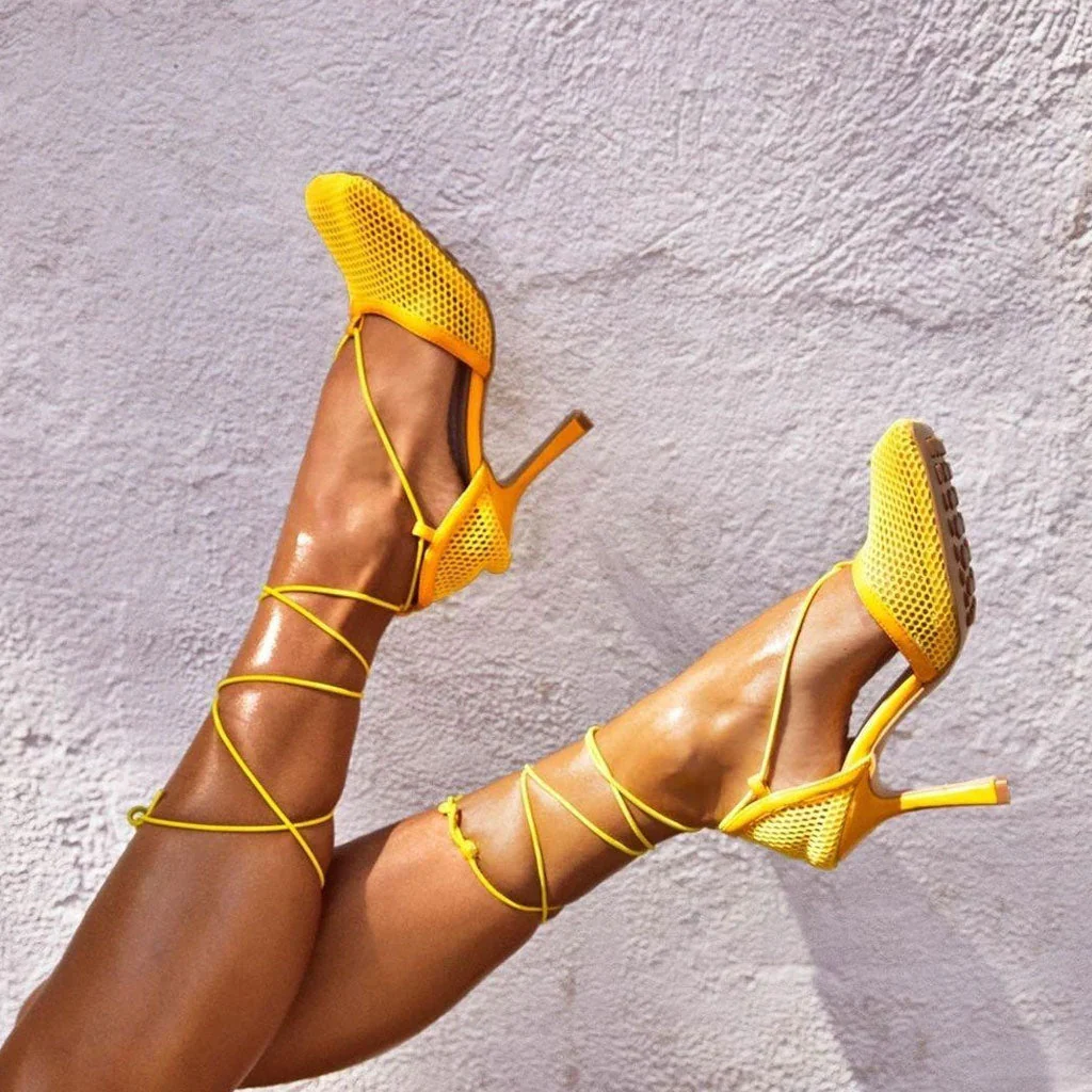 Unique Square Toe Mesh Net High Heel Pumps - YelLow - Image 2