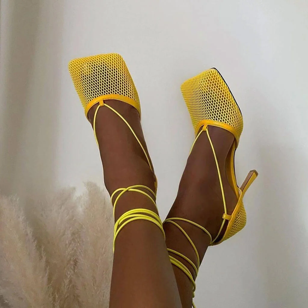 Unique Square Toe Mesh Net High Heel Pumps - YelLow - Image 3
