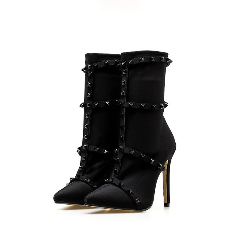 Unique Studs Strap Pointed Toe Stiletto Heel Mid Calf Boots - Black - Image 2