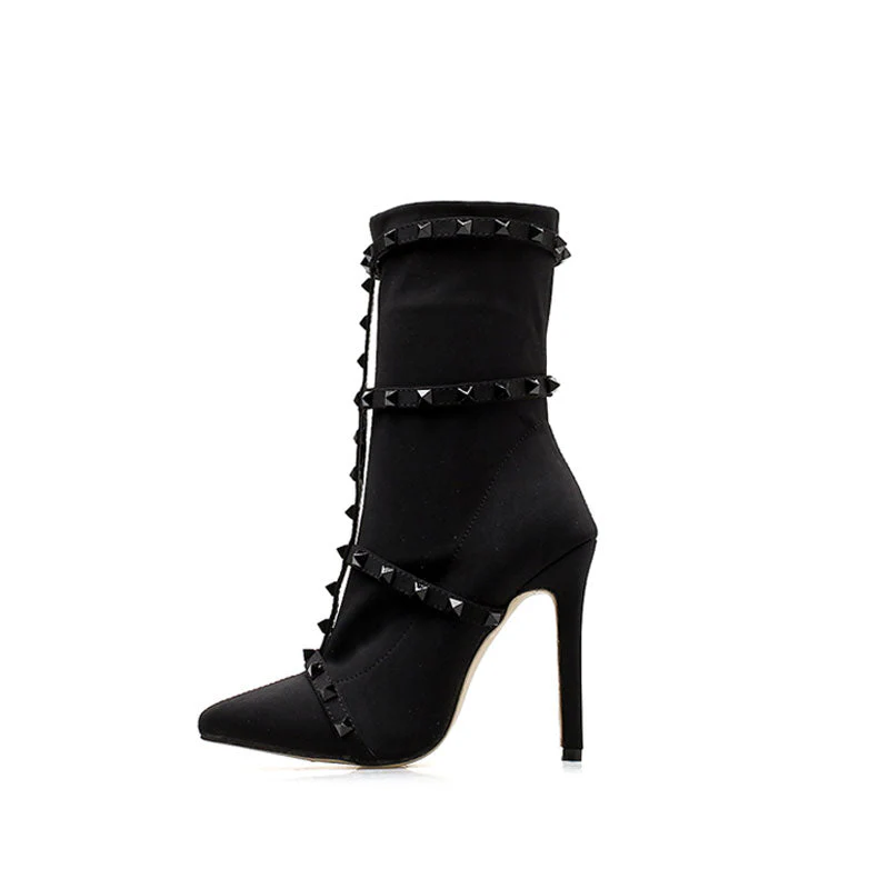 Unique Studs Strap Pointed Toe Stiletto Heel Mid Calf Boots - Black - Image 3