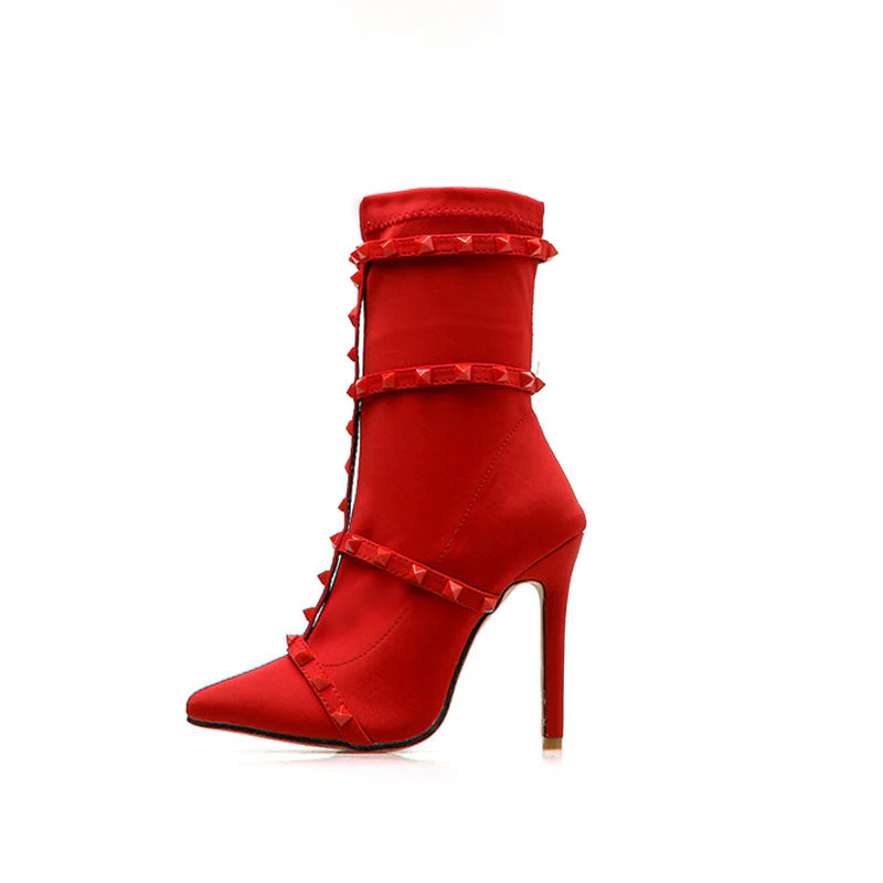 Unique Studs Strap Pointed Toe Stiletto Heel Mid Calf Boots - Red - Image 3