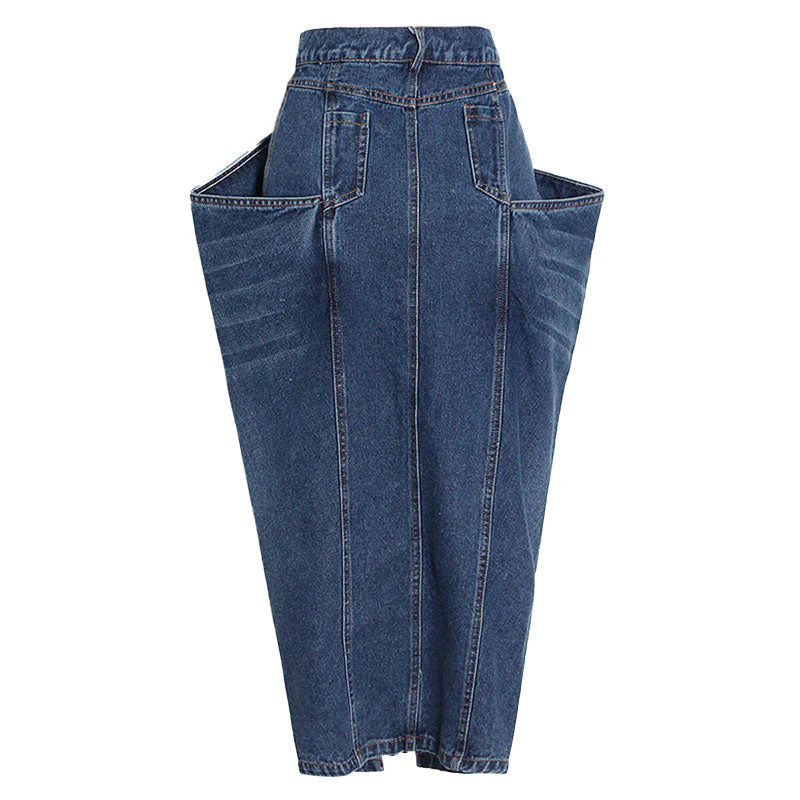 Unique Tapered Front Slit Cargo Pocket High Waist Midi Denim Skirt - Image 2