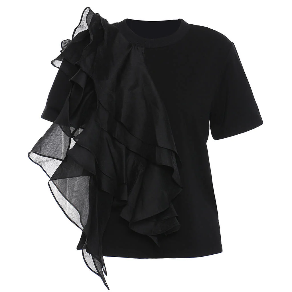 Unique Tiered Ruffle Detail Round Neck Short Sleeve Cotton Blend Top - Image 2