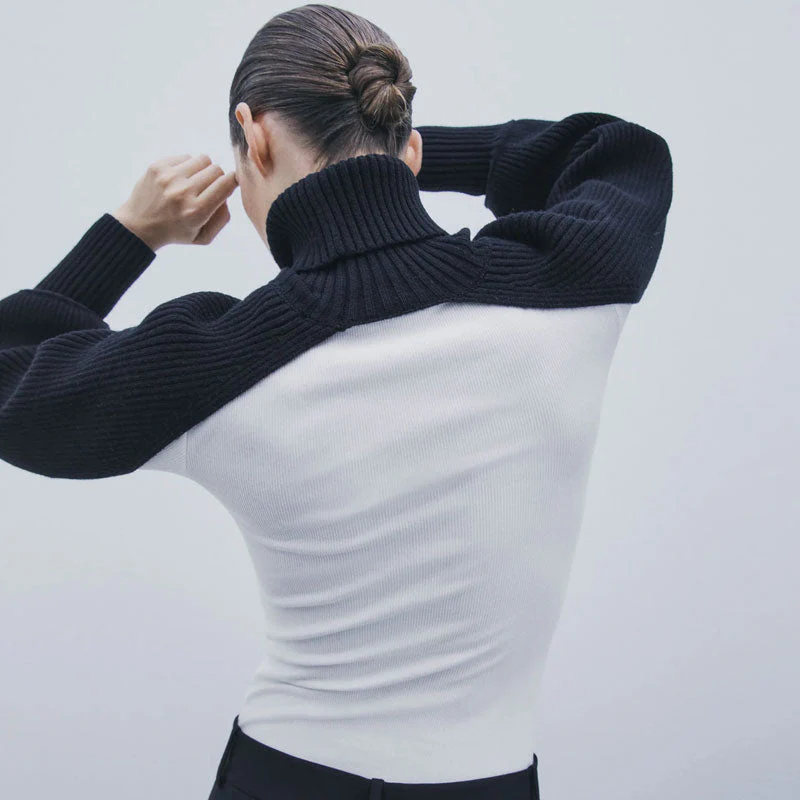 Unique Turtleneck Long Sleeve Rib Knit Crop Pullover Sweater - Black - Image 2