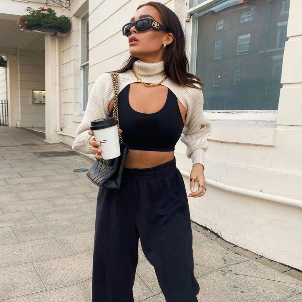 Unique Turtleneck Long Sleeve Rib Knit Crop Pullover Sweater - White - Image 3
