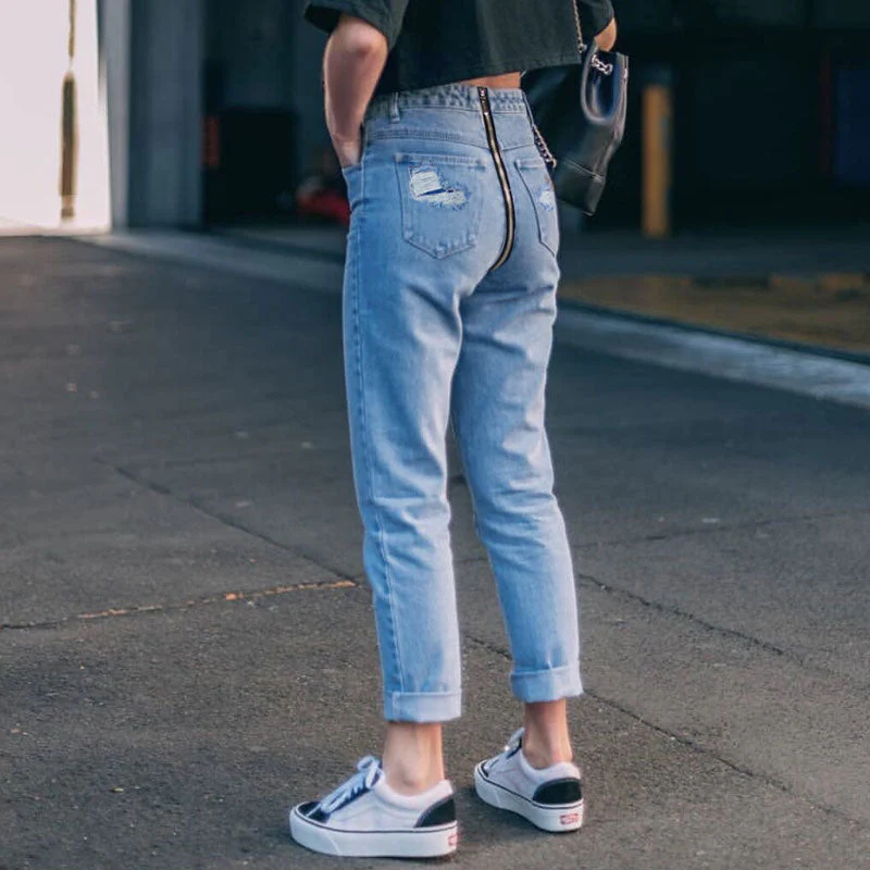 Unique Zip Back High Waist Faded Frayed Skinny Jeans - Blue - Image 3