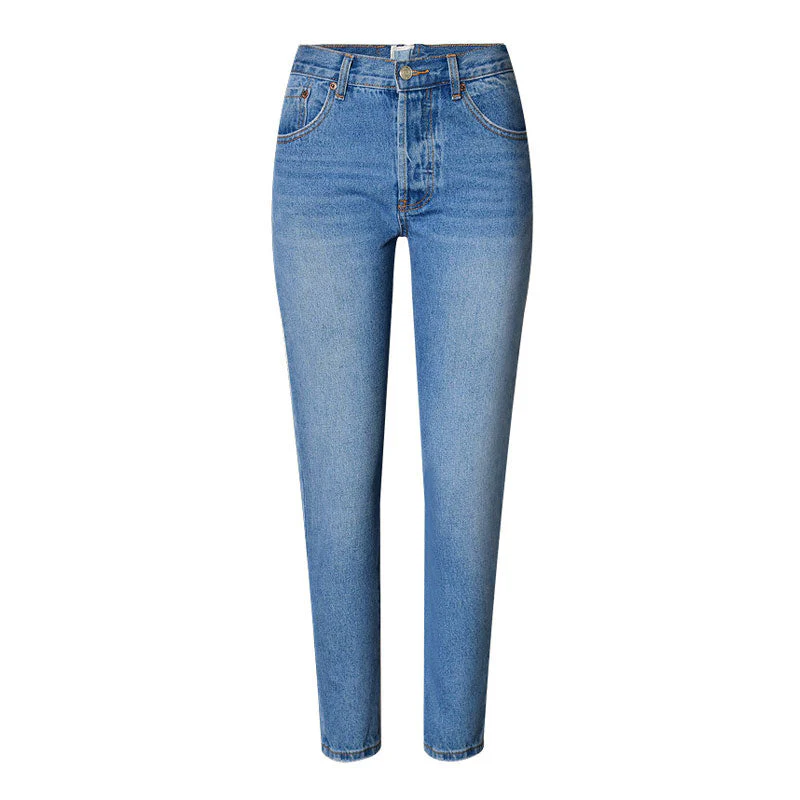 Unique Zip Back High Waist Faded Frayed Skinny Jeans - Blue - Image 4