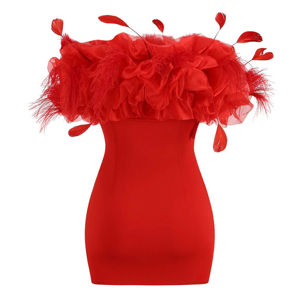 Unmatched Feather Trim Oversized Ruffle Off Shoulder Bandage Fitted Mini Party Dress - Image 3