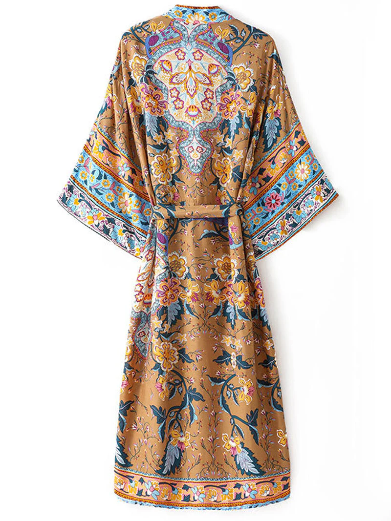 Beachwear Kimono Robe Floral Print Brown Color Cotton Long Length Gown Duster Robe - Image 2