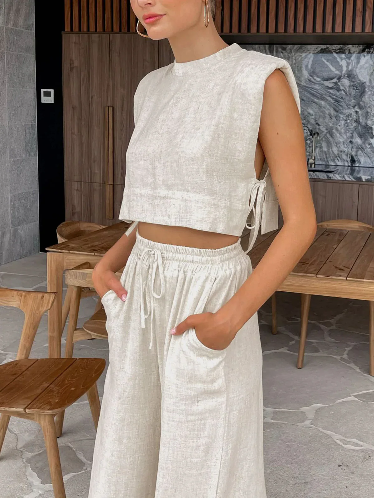 Utility Linen Two Piece Wide Leg Pants Set - Image 3