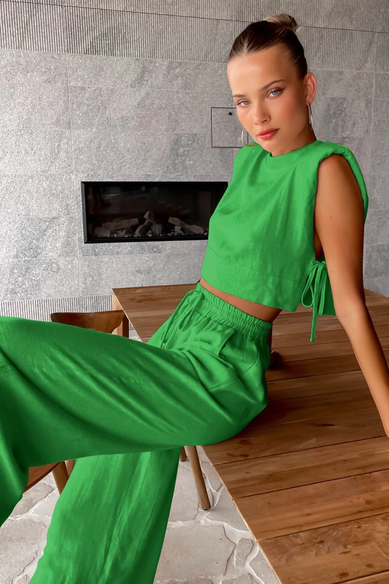 Utility Linen Two Piece Wide Leg Pants Set - Image 6