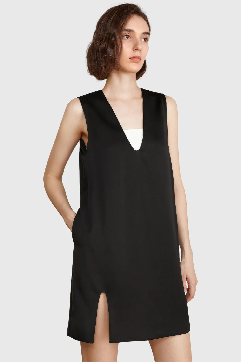 V-Neck Casual Mini Dress - Black - Image 3