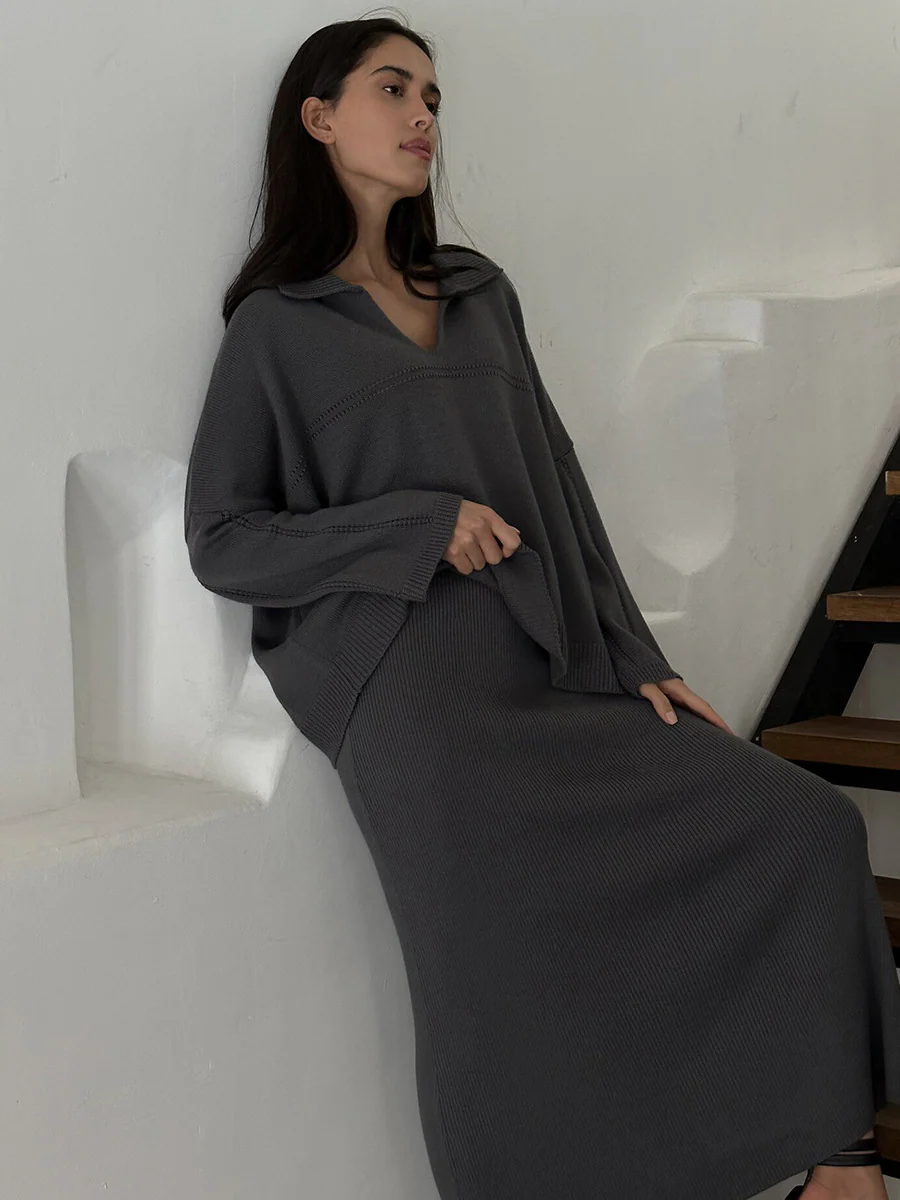 V-neck Knit Skirt Set - Image 6