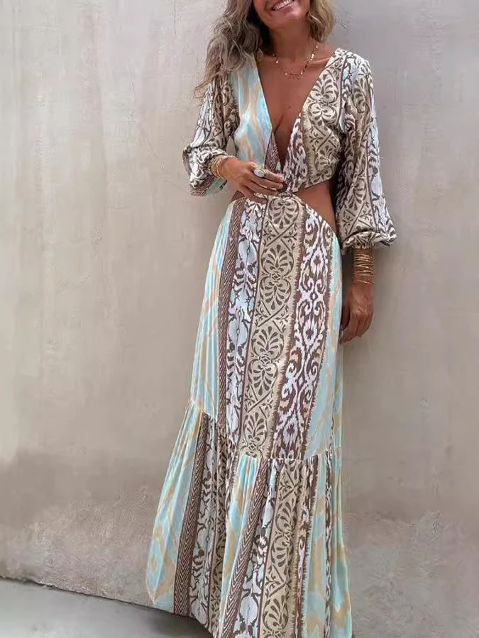V-Neck Open Waist Tie Dress - Image 4