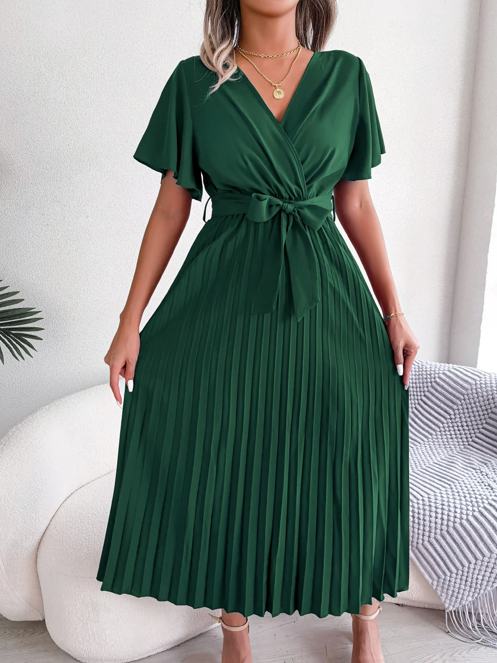 V-Neck Pleated Tie-Waist Midi Dress - Image 2