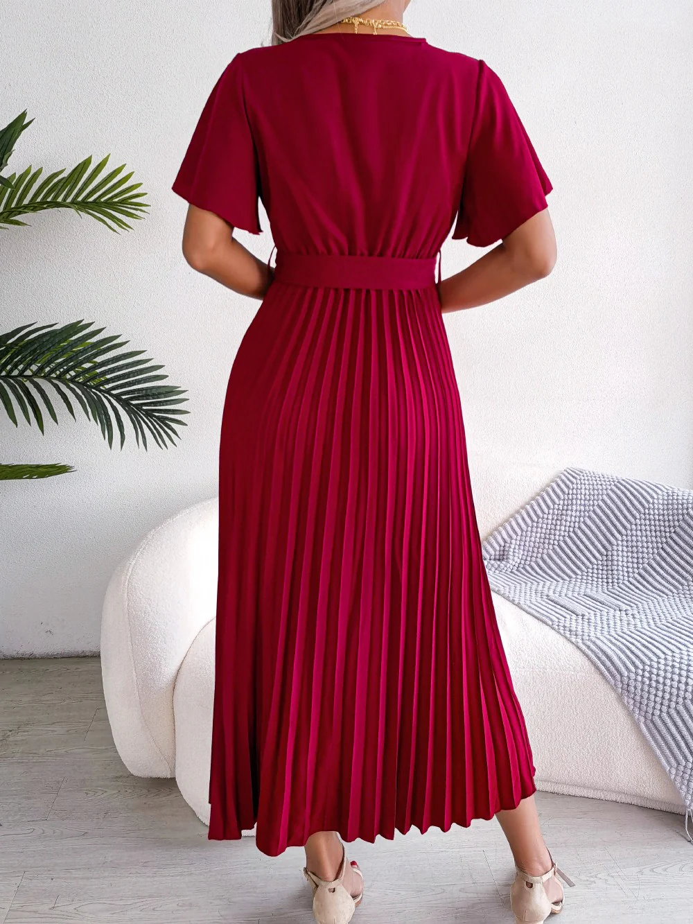 V-Neck Pleated Tie-Waist Midi Dress - Image 5