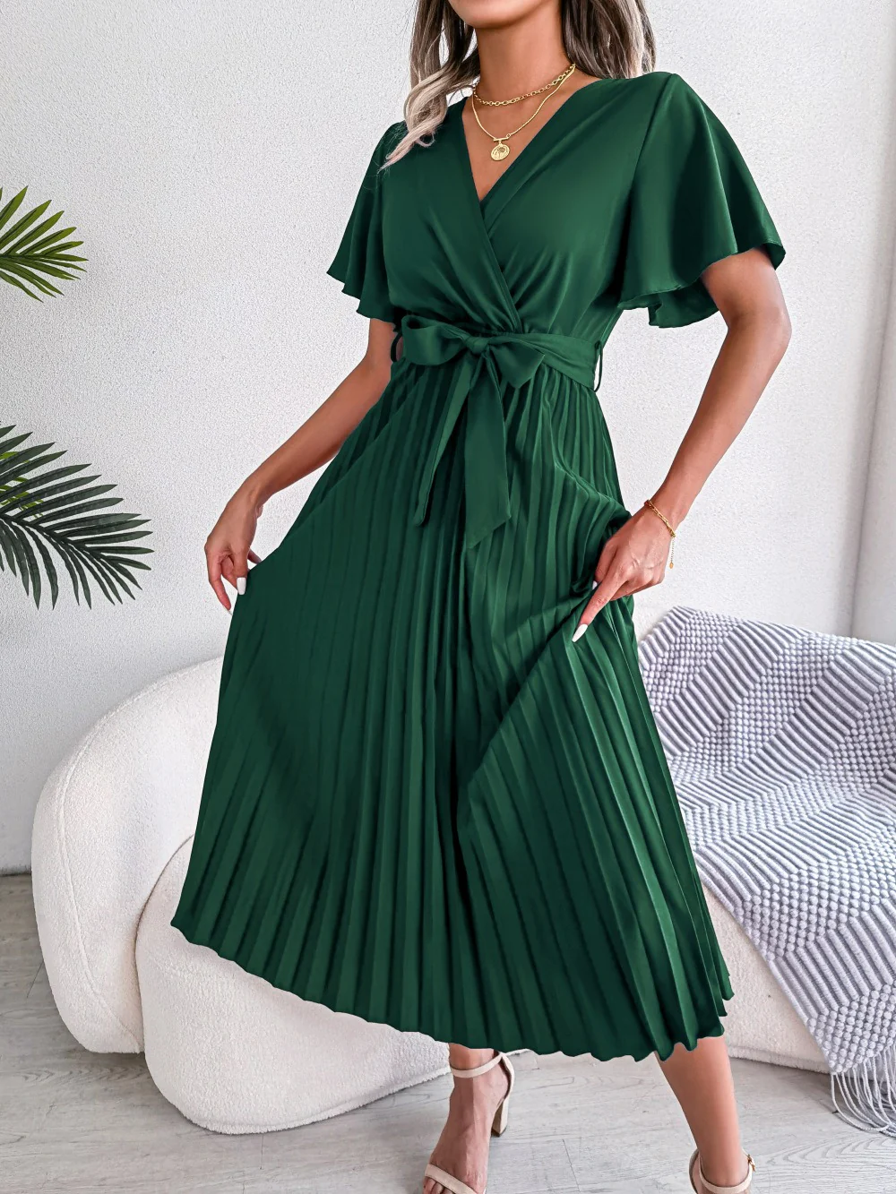 V-Neck Pleated Tie-Waist Midi Dress - Image 6