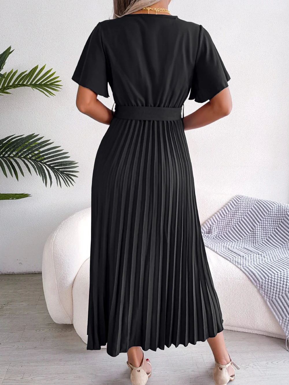 V-Neck Pleated Tie-Waist Midi Dress - Image 9