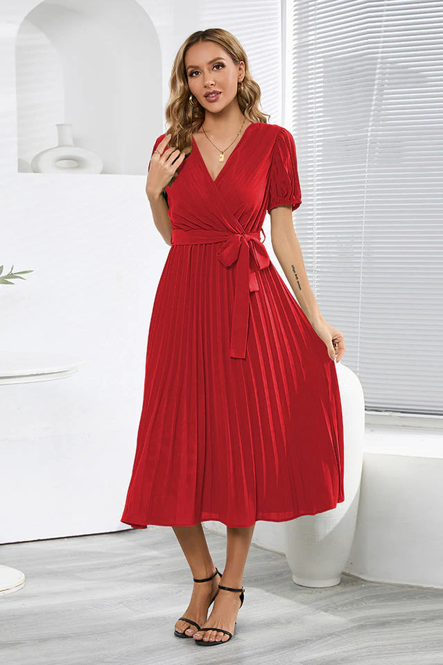 V-Neck Pleated Tie-Waist Midi Dress - Image 12
