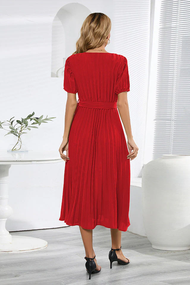 V-Neck Pleated Tie-Waist Midi Dress - Image 13
