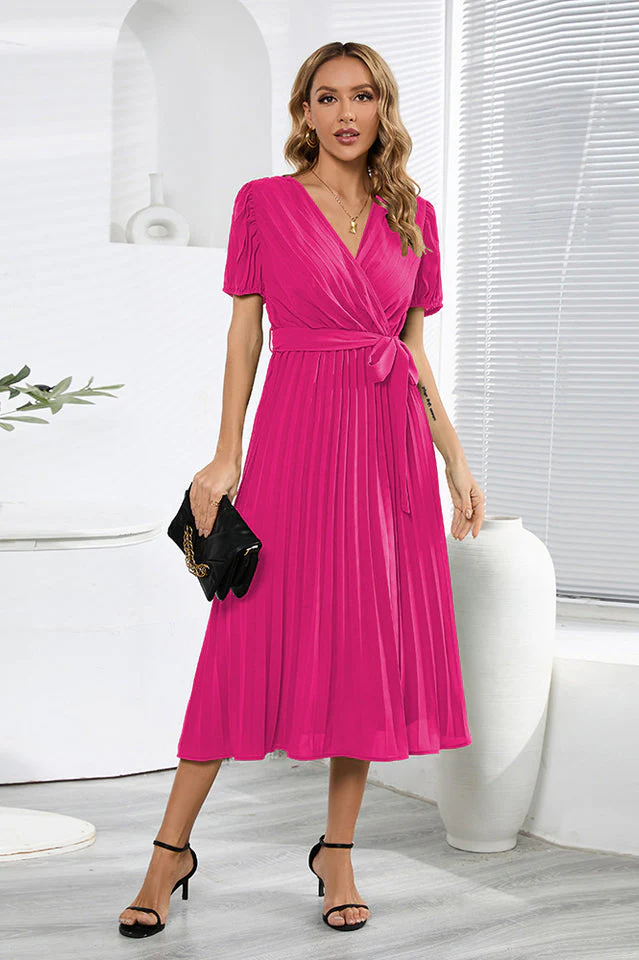V-Neck Pleated Tie-Waist Midi Dress - Image 14