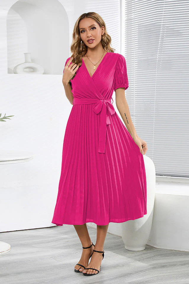 V-Neck Pleated Tie-Waist Midi Dress - Image 15