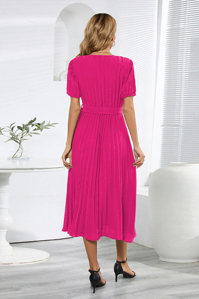V-Neck Pleated Tie-Waist Midi Dress - Image 16