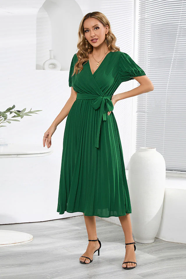 V-Neck Pleated Tie-Waist Midi Dress - Image 17