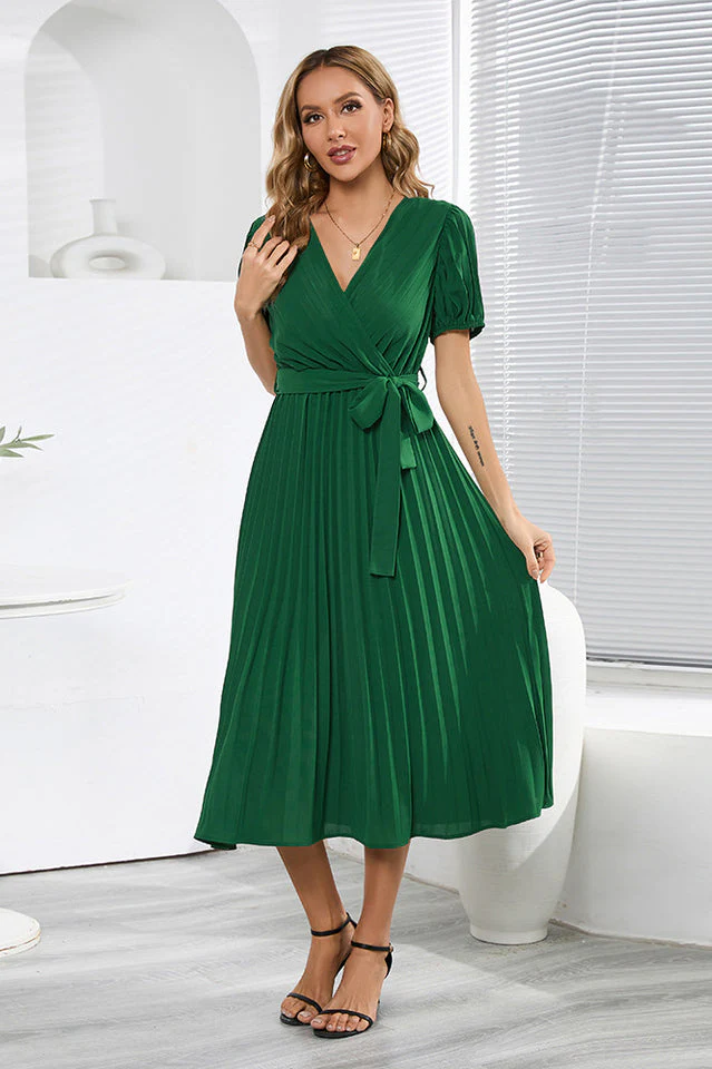 V-Neck Pleated Tie-Waist Midi Dress - Image 18