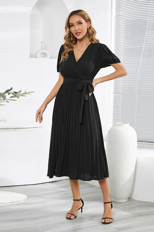V-Neck Pleated Tie-Waist Midi Dress - Image 5