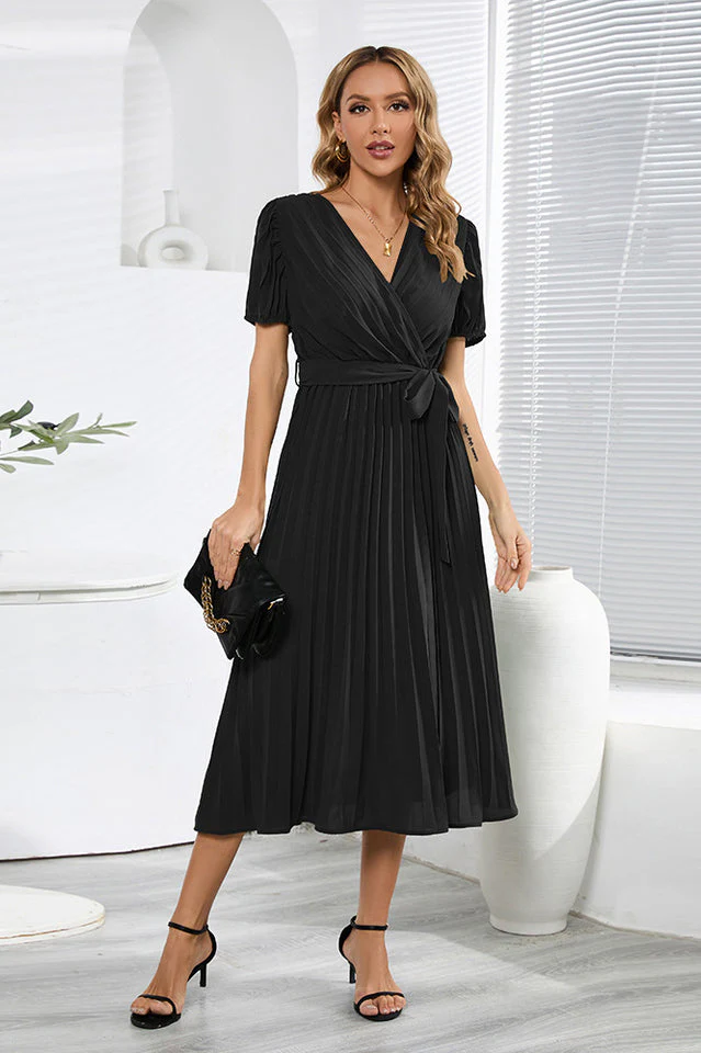 V-Neck Pleated Tie-Waist Midi Dress - Image 6