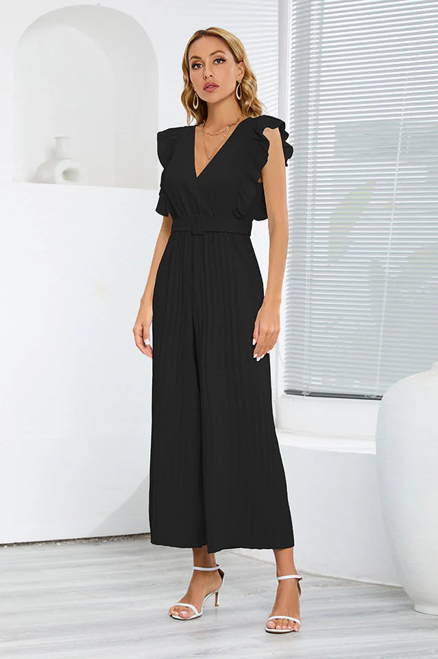 V-Neck Pleats Belted Jumpsuit - Image 10