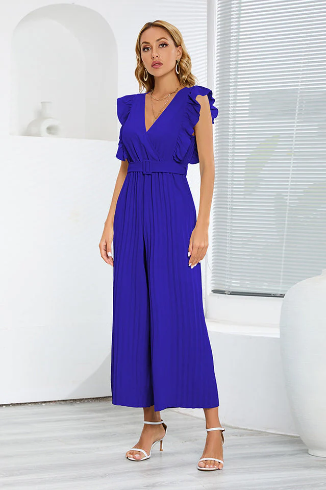 V-Neck Pleats Belted Jumpsuit - Image 16