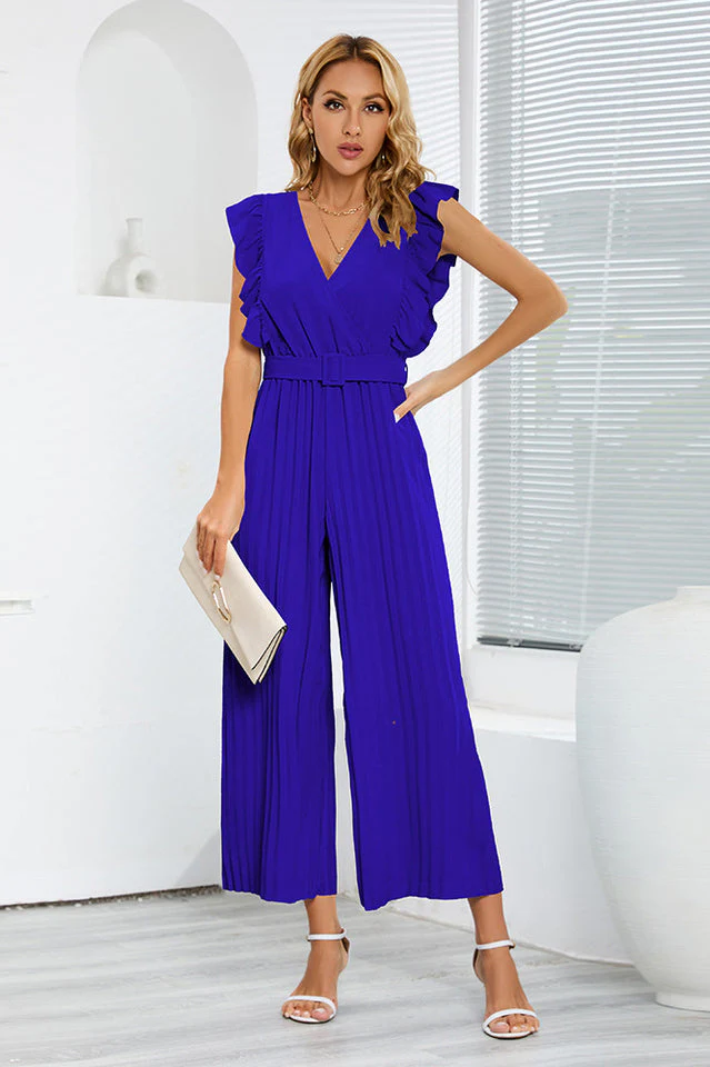 V-Neck Pleats Belted Jumpsuit - Image 17