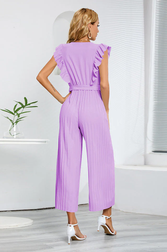 V-Neck Pleats Belted Jumpsuit - Image 4