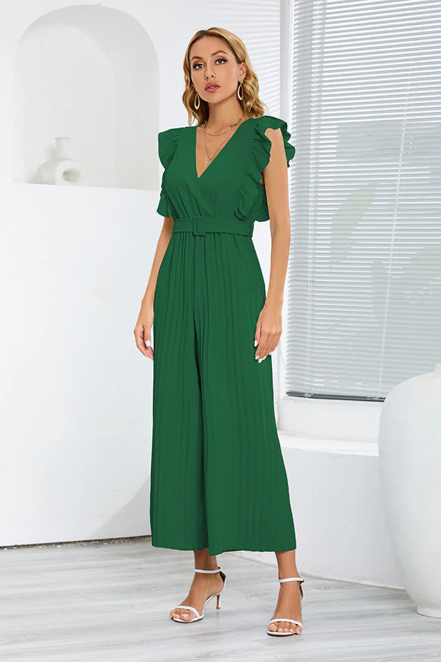 V-Neck Pleats Belted Jumpsuit - Image 6