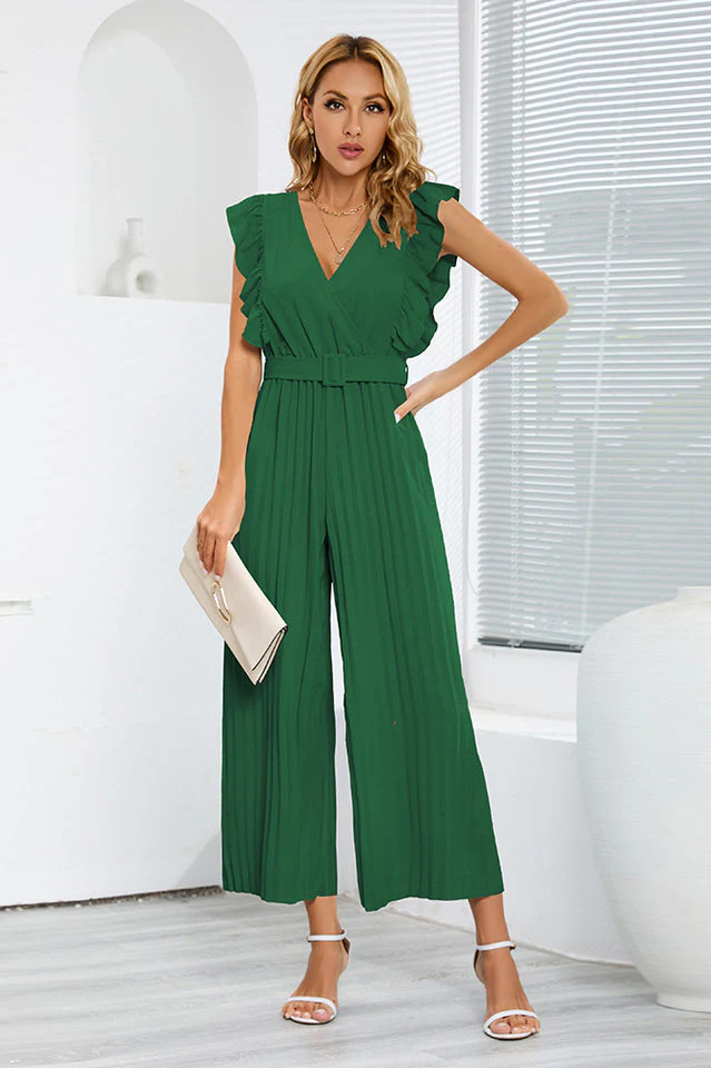 V-Neck Pleats Belted Jumpsuit - Image 7