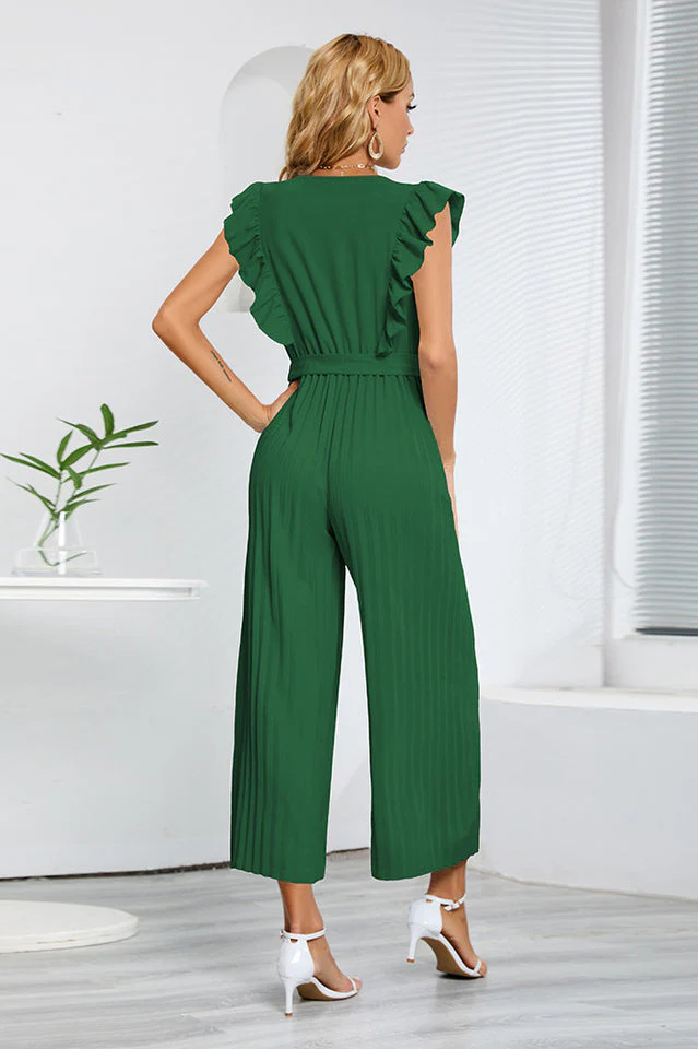V-Neck Pleats Belted Jumpsuit - Image 8