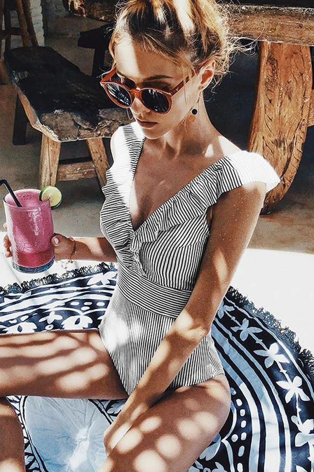 V Neck Ruffled Padded High Waist Monokini - Image 14