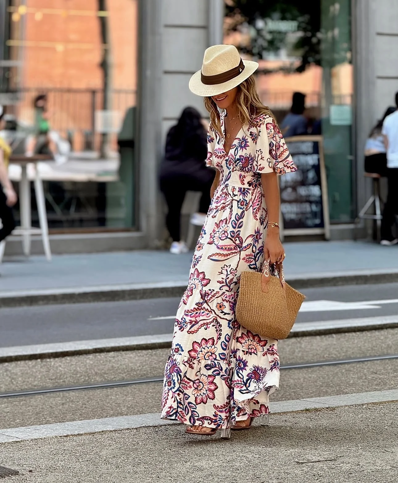 V-neck Waist Printed Ruffled Midi Dress - Image 4